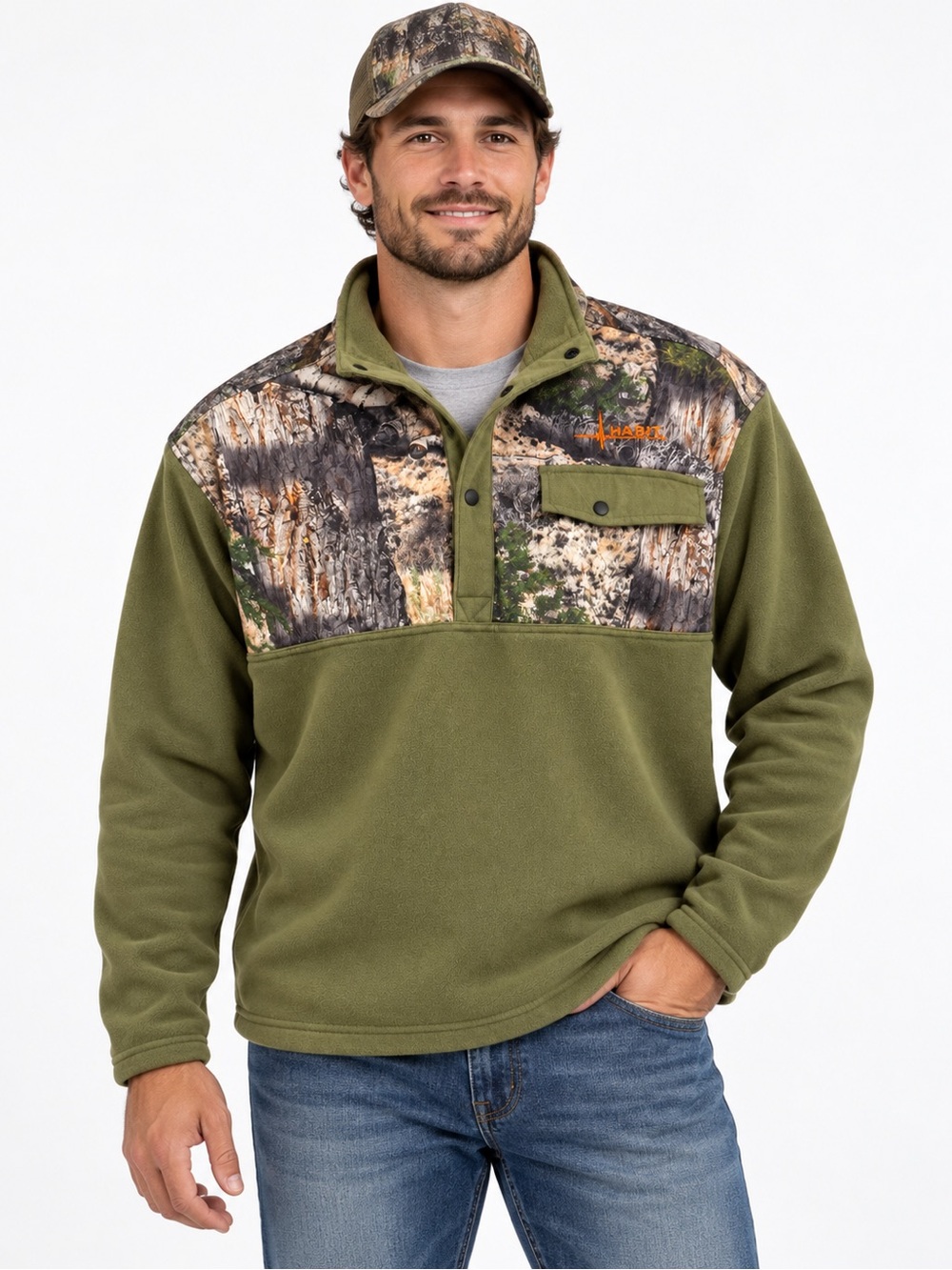 HABIT Men’s 2XL Olive Green Camo Fleece Pullover Hunting Outdoor Shirt